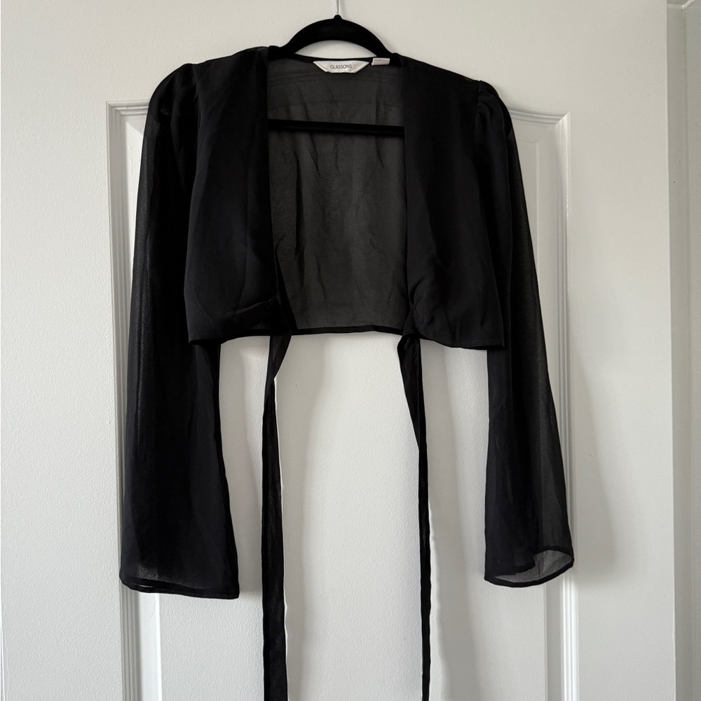 Glassons Black Sheer Long Sleeve Crop Top Tied